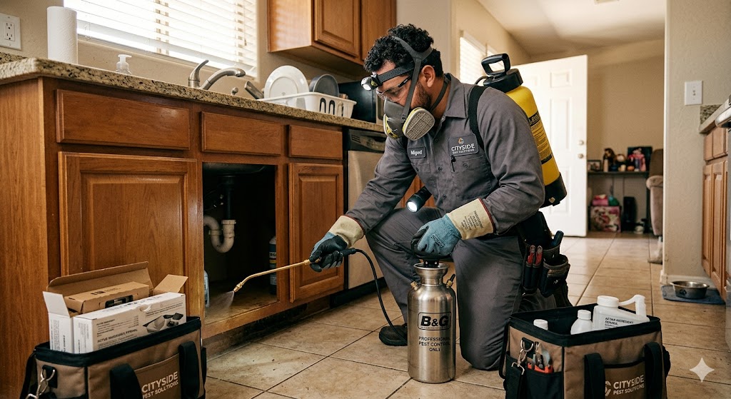 Pest control technician treating under a kitchen sink