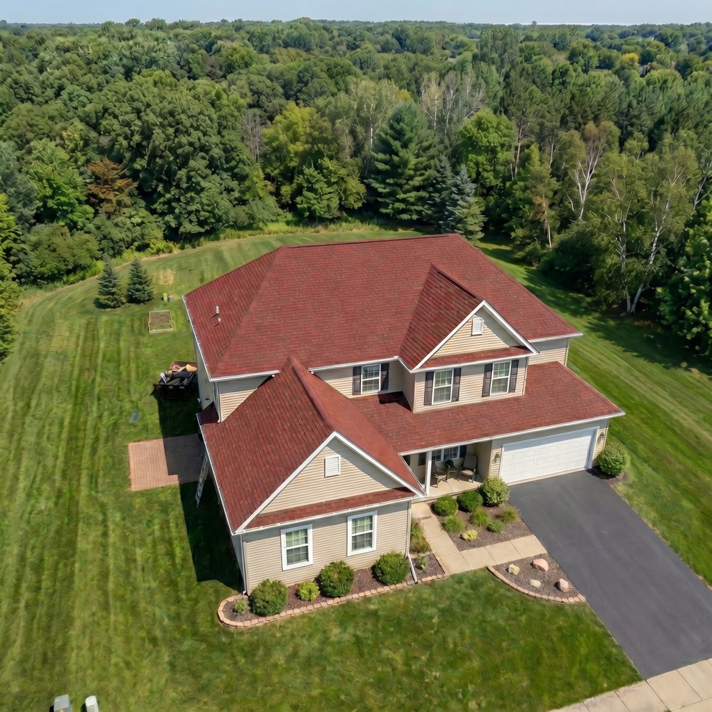 Aerial drone view of a completed multi-gable asphalt shingle roof.